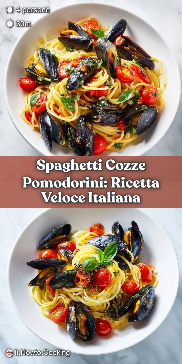 Close-up of spaghetti and mussels, vibrant red tomatoes, and green basil; glistening with sauce, a tempting and flavorful ...