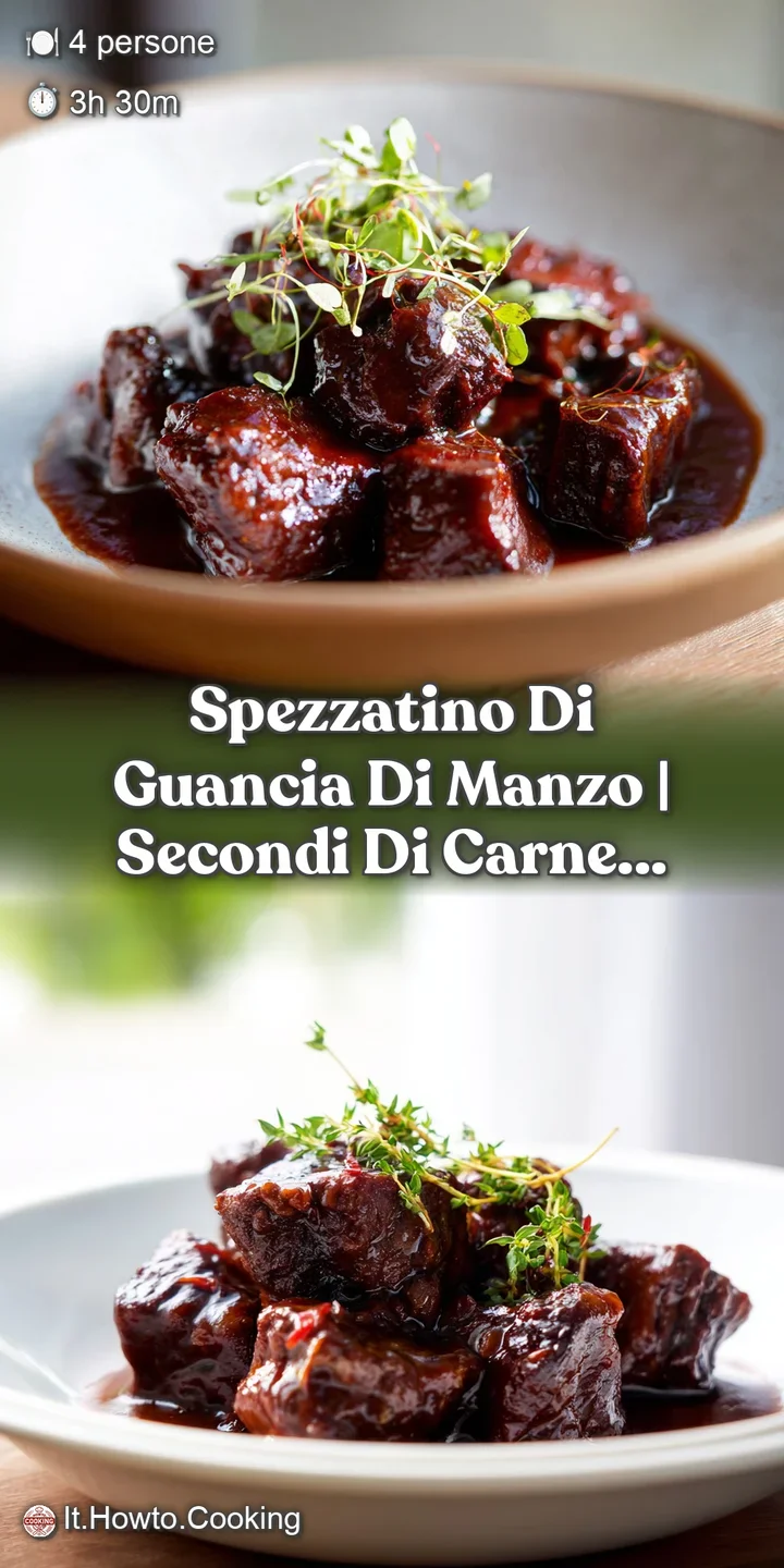 Dettaglio ravvicinato di fibre di carne morbida e succosa, avvolte in una salsa bruna lucida, densa e vellutata.