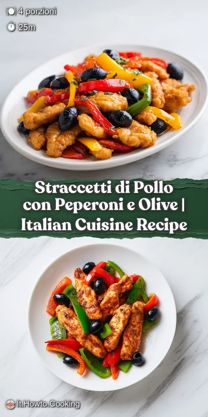 Close-up of succulent chicken strips mingling with bright, softened peppers and plump, dark olives.