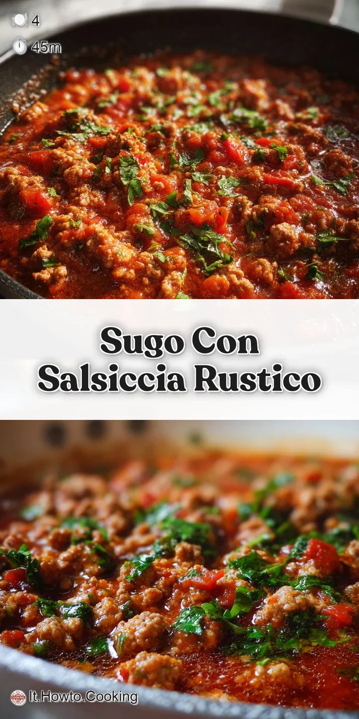 Close-up of chunky sausage ragu; tender pieces of pork simmered in a bright tomato sauce with visible herbs and savory spi...