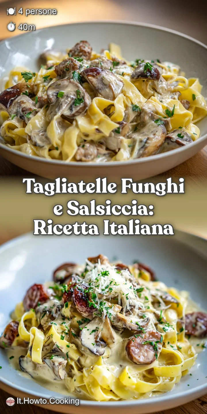 Close-up of creamy tagliatelle, showcasing the rich texture of sausage and earthy mushrooms. The dish is hearty, flavorful...