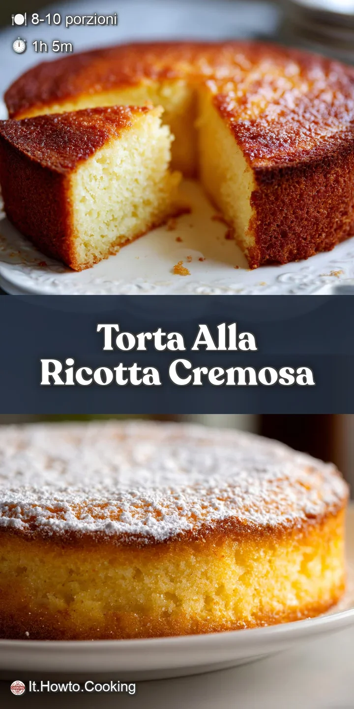 Close-up shows the moist, soft texture of the ricotta cake, with a dusting of powdered sugar and a hint of golden browning.