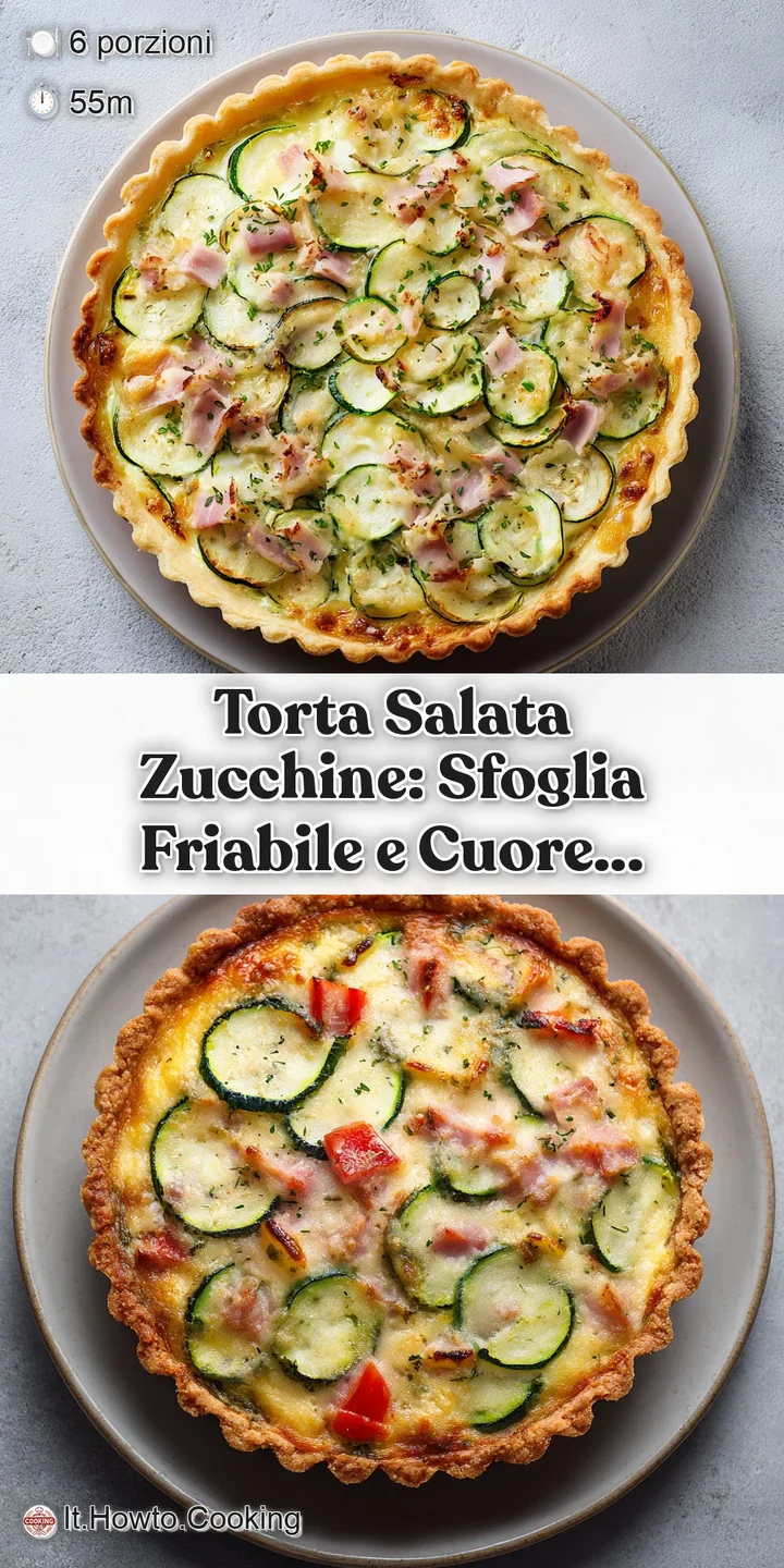 Close-up of a zucchini tart slice. The layers of soft zucchini and creamy ricotta are visible, surrounded by a flaky, gold...