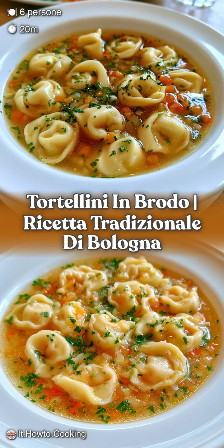 Primo piano di tortellini morbidi e lucidi che emergono da un brodo dorato e caldo, con piccole bollicine in superficie.