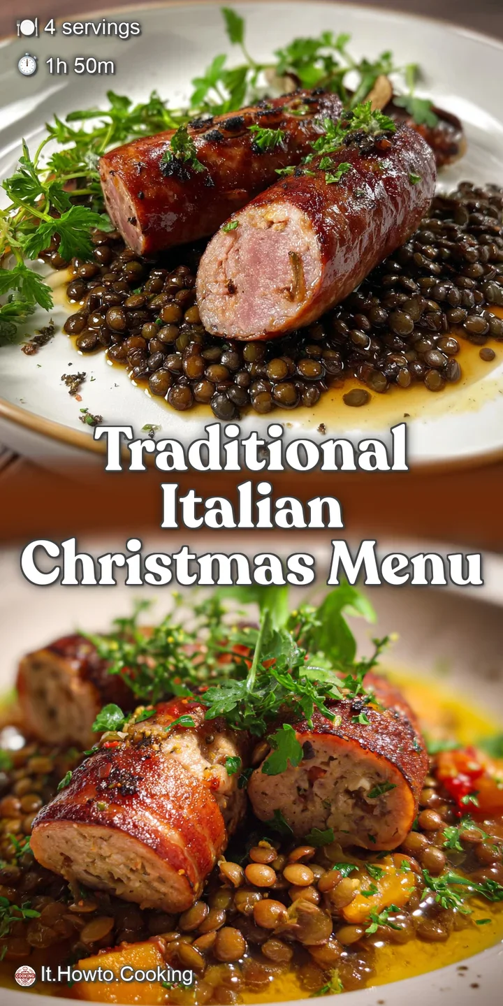 Close-up of steaming cotechino sausage nestled in rich lentils, showcasing tender texture and appetizing sheen. A warming,...