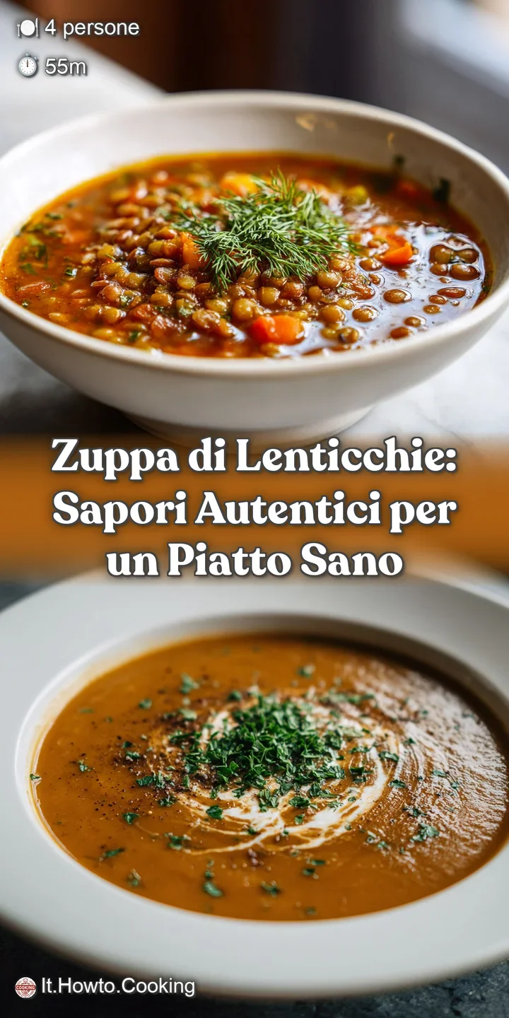 Close-up of hearty lentil soup, showcasing the variety of textures and colors of the tender lentils, herbs, and subtle she...