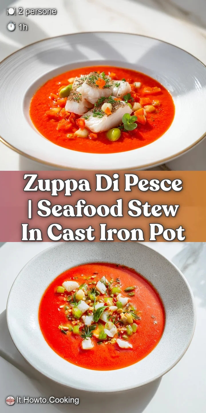 Primo piano di una crema di pesce calda e densa, con pezzi succosi di filetto e una superficie lucida e invitante.
