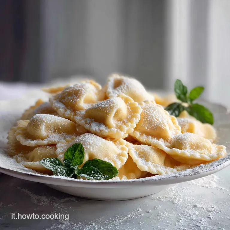 Perfectly formed Agnolotti del Plin, drizzled in savory sugo, presented on a white plate. A restaurant-worthy dish.
