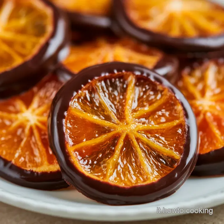 Fettine di agrume candito color oro rivestite di cioccolato amaro su un piatto di porcellana bianca minimale.