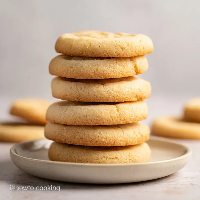 Tre biscotti dorati impilati con cura su un piattino bianco, evidenziando la texture friabile e il colore uniforme.