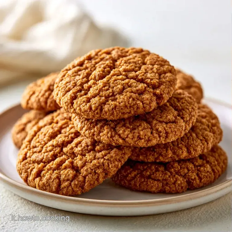 Una piccola pila di biscotti color sabbia su un piatto bianco, con briciole friabili e una luce calda e soffusa.