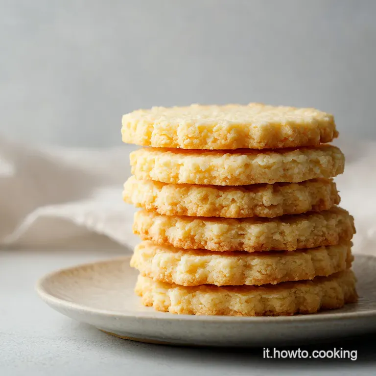 Una pila ordinata di biscotti color sabbia su un piattino di ceramica, con una spolverata di zucchero bianco fine.