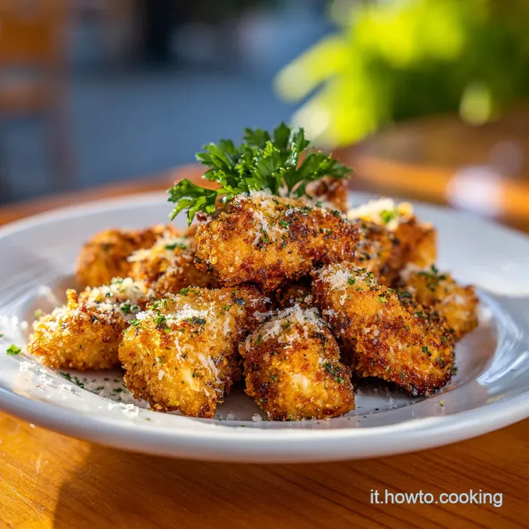 Crispy chicken pieces artfully scattered over a vibrant green salad, with a drizzle of light dressing.