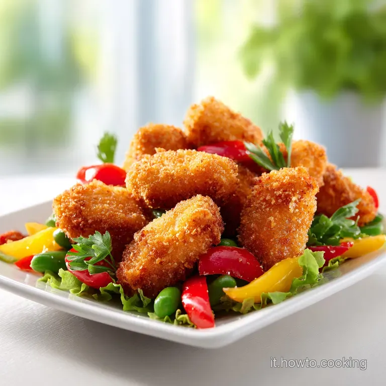 Delicate chicken morsels, lightly dusted, artfully arranged on a white plate with a vibrant green herb garnish.