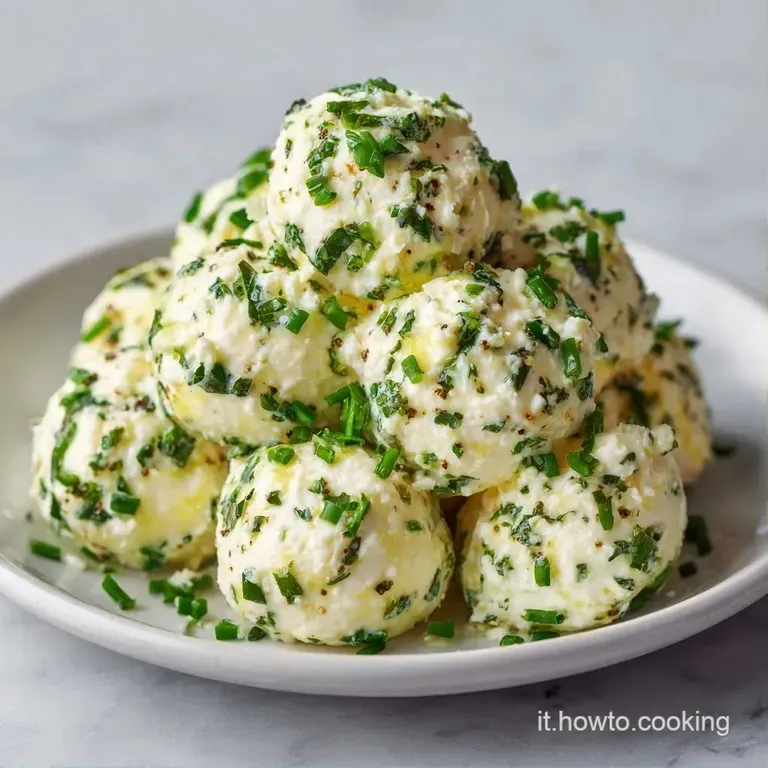 Palline di formaggio fritte e dorate su un piatto di ceramica, accompagnate da una salsa vellutata e un tocco di verde.