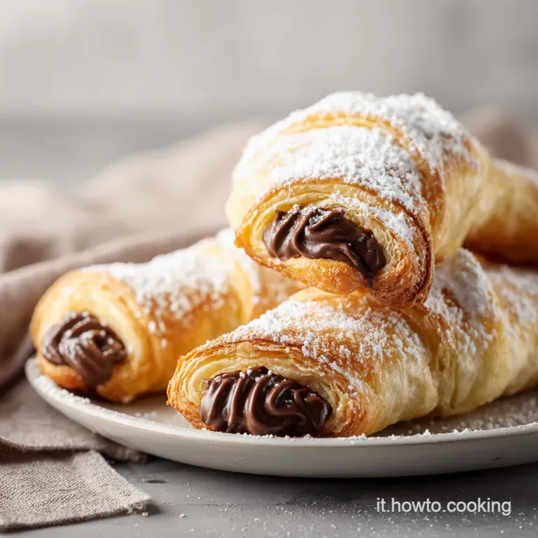 Brioches soffici su un piatto bianco, decorate con zucchero a velo bianco e fili di cioccolato fondente lucido.
