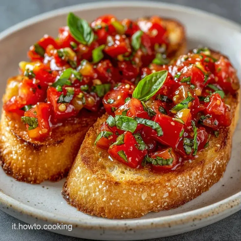 Fette di pane croccante disposte con cura, sormontate da pomodori succosi e basilico fresco su un piatto bianco.