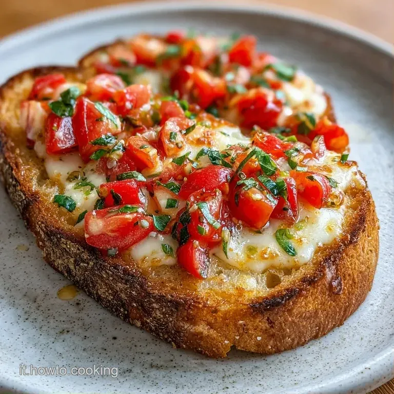 Fette di pane croccante disposte su ceramica bianca, con contrasti di rosso intenso, bianco cremoso e verde brillante.