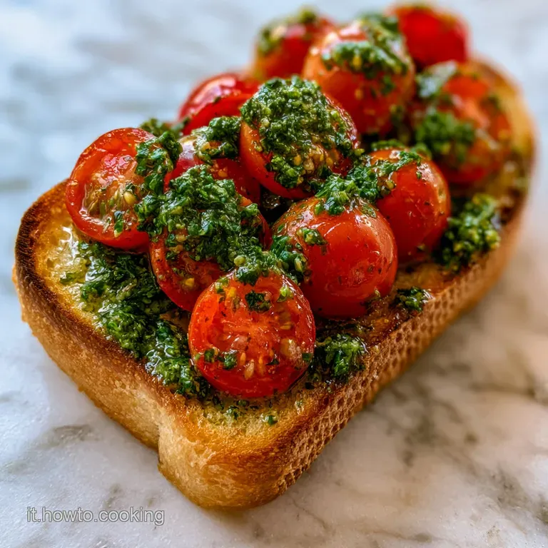 Pane croccante disposto su piatto bianco, decorato con foglie di basilico fresco e gocce d'olio d'oliva lucido.