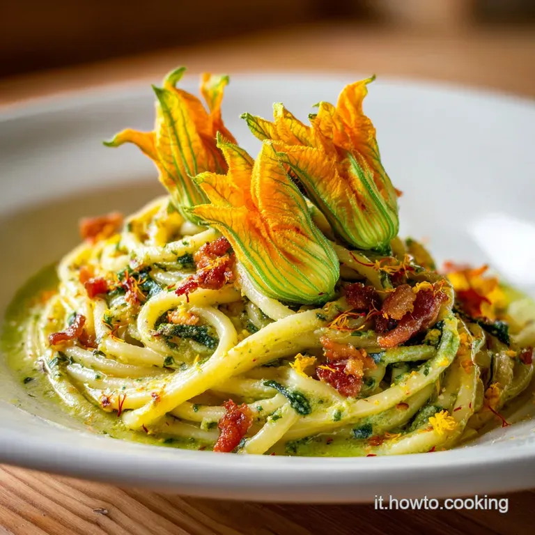 Perfectly plated bucatini, vibrant squash blossoms, and golden guanciale, artfully arranged on a white plate with a subtle...