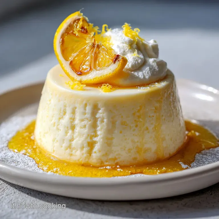 Elegant budino dessert: creamy lemon custard in a glass cup, topped with fresh mint sprig and a bright lemon slice, all on...