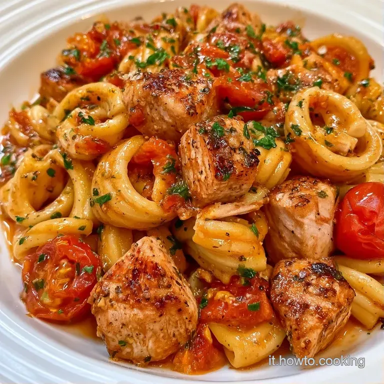 Piatto bianco con pasta a anelli, cubetti di pesce spada dorati e pomodorini succosi disposti con eleganza.