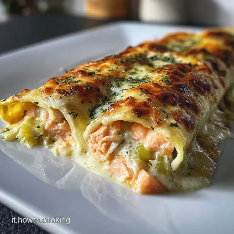 Elegant plate featuring two salmon & leek cannelloni, drizzled with sauce, garnished with fresh herbs. Warm, inviting colo...