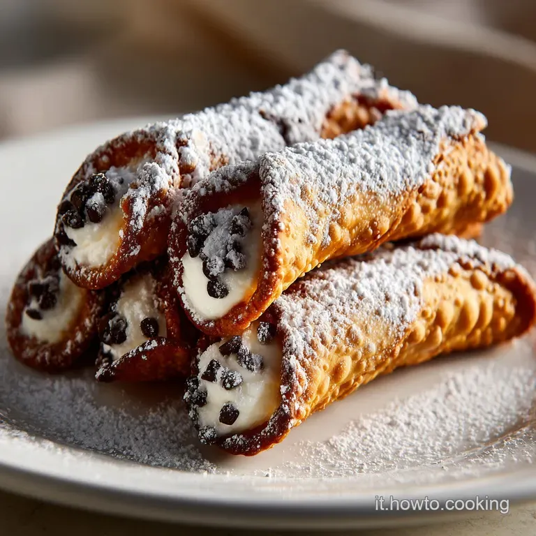 Elegant cannoli plated with candied orange peel & chopped pistachios. The creamy filling peeks from the golden shell, prom...