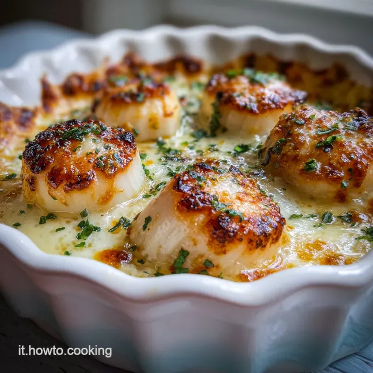 Three scallop shells filled with the golden baked gratin, artfully arranged on a rustic wooden board with lemon wedges.