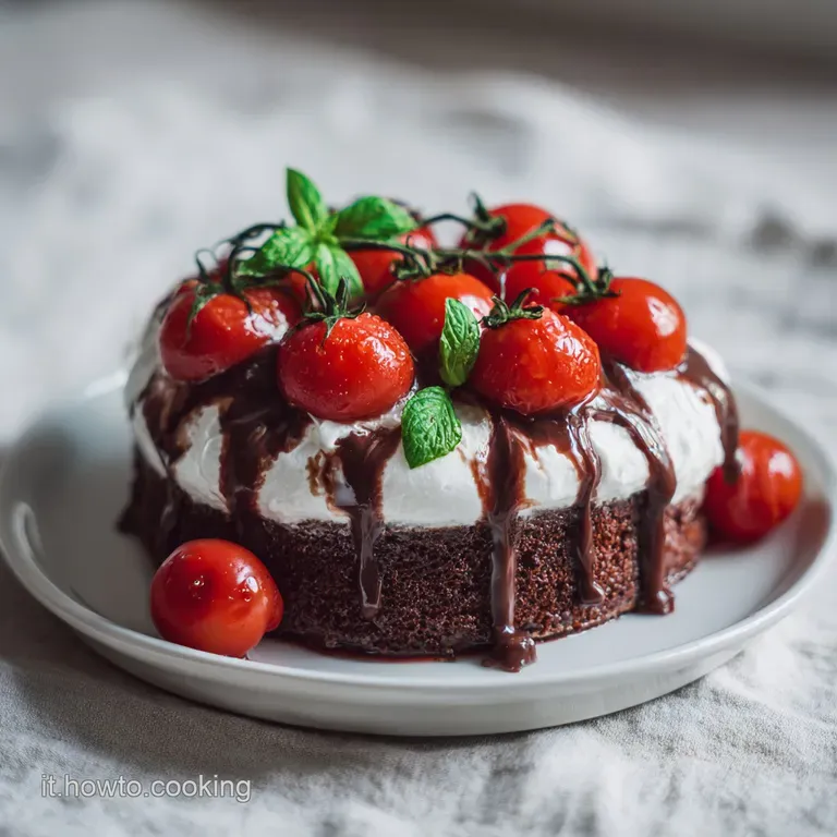 Elegant slice of dark chocolate cake, creamy white filling, bright red strawberries artfully arranged on a clean white des...
