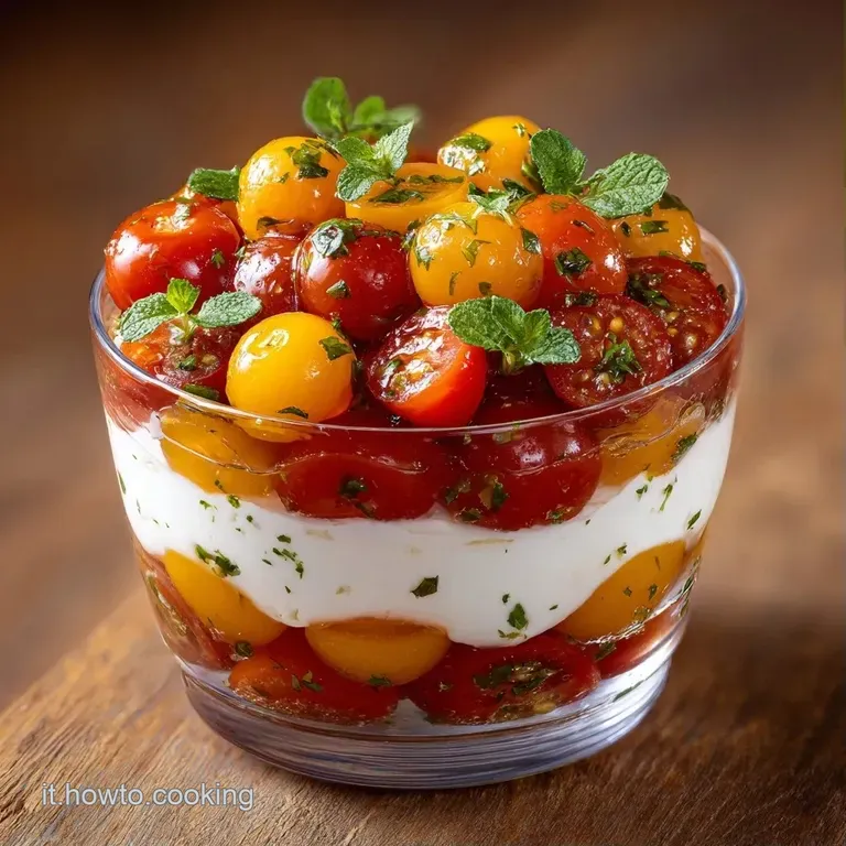 Elegante bicchiere di vetro che mostra cubetti di mozzarella fresca e pomodori succosi conditi con olio extravergine.