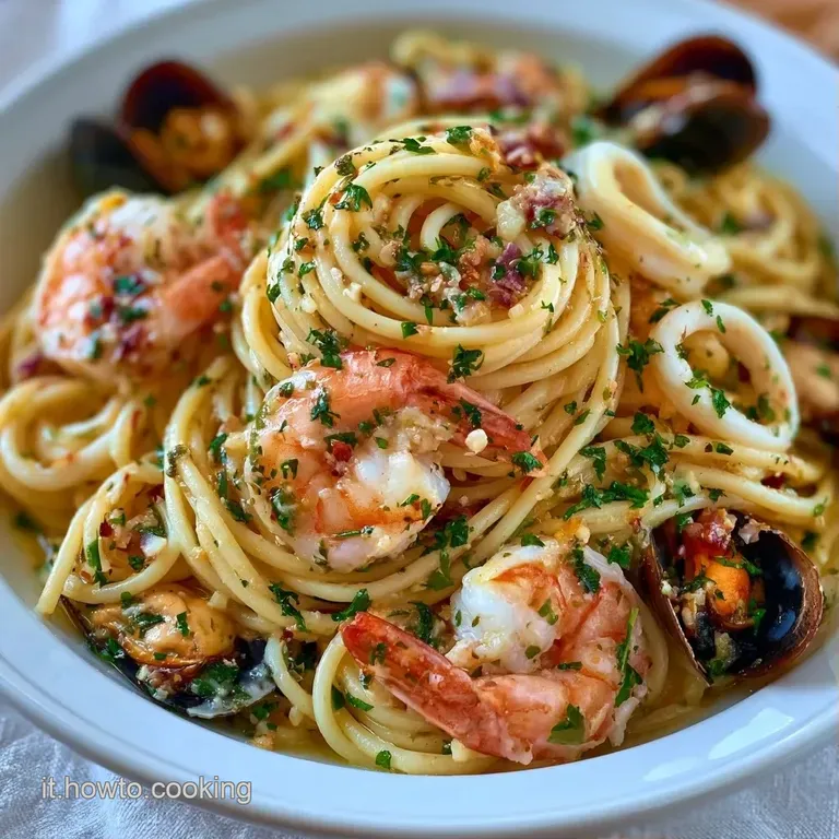 Spirale di pasta cremosa con frutti di mare colorati, decorata con erbe verdi e pepe nero su un piatto di ceramica.