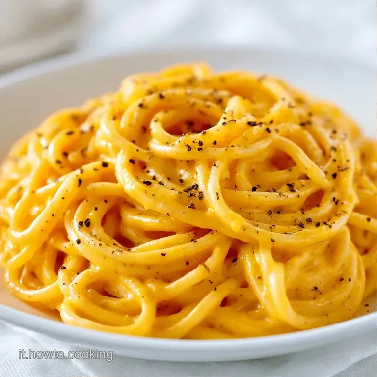 Un nido di pasta avvolto in una salsa giallo sole lucida, con spruzzi di pepe nero su un piatto di ceramica bianca.