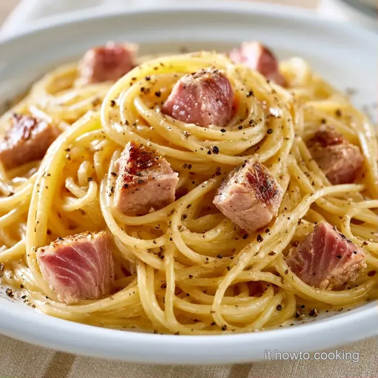 Elegante nido di pasta color crema, sormontato da cubetti di tonno rosato e una pioggia di pepe nero macinato.