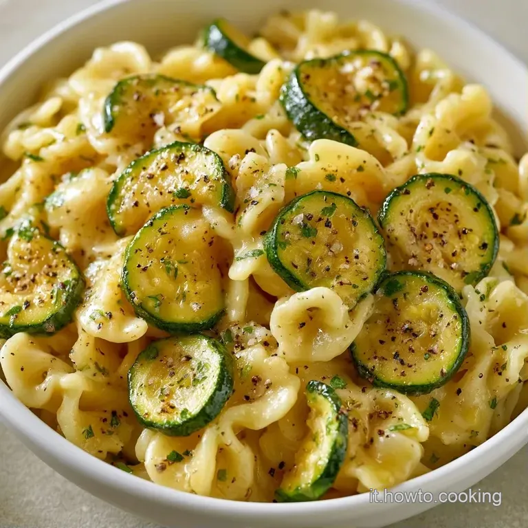 Nido di pasta avvolto in crema dorata, guarnito con zucchine saltate verde vivo e una pioggia di formaggio grattugiato.