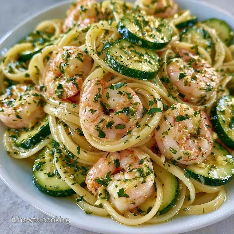 Pasta cremosa disposta con cura in un piatto bianco, guarnita con gamberi rosati e zucchine tenere e lucide.