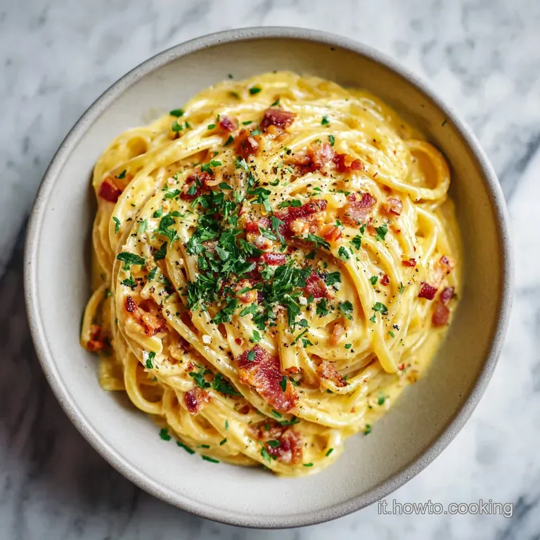 Elegant carbonara plate: Twirled spaghetti nests swirled with creamy sauce, crispy pancetta bits, and vibrant egg yolk.