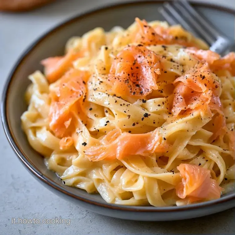 Nido di spaghetti avvolto in crema densa e lucida, guarnito con fettine di salmone arancione e un tocco di verde.