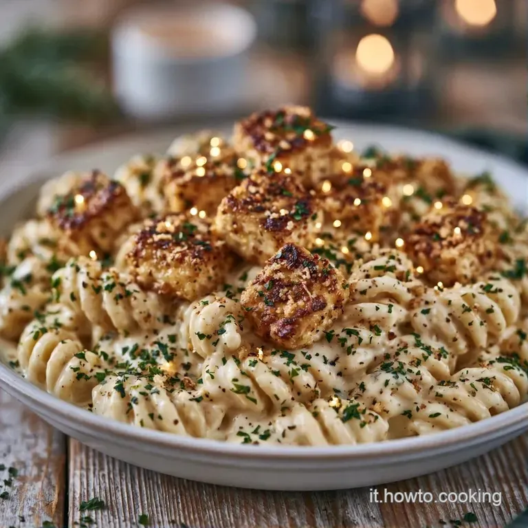 Elegante spirale di pasta cremosa in ciotola bianca, guarnita con cubetti dorati croccanti e un tocco di verde fresco.