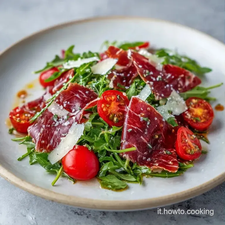 Elegante impiattamento con fette rosso rubino, foglie di rucola fresca e scaglie di formaggio lucide di olio d'oliva.