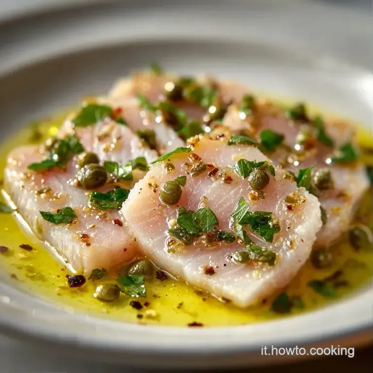 Piatto bianco minimalista con carpaccio trasparente, contrasto tra il rosa del pesce e il verde brillante di rucola fresca.
