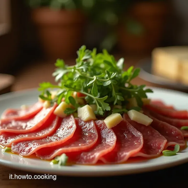 Carpaccio Di Manzo Classico Con Rucola Croccante Scaglie Di Parmigiano Reggiano E Riduzione Balsamica Leggera presentation