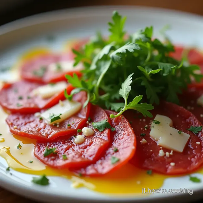 Carpaccio di Manzo Classico con Rucola Croccante Scaglie di Parmigiano Reggiano e Riduzione Balsamica Leggera