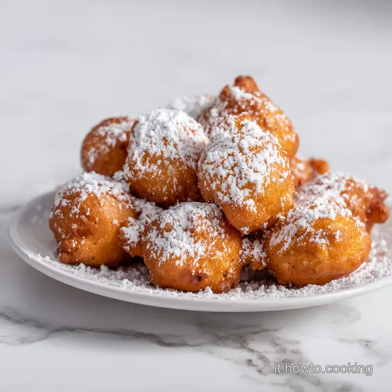 Dessert di sfere dorate su ceramica chiara, con polvere bianca finissima che crea un contrasto morbido e luminoso.