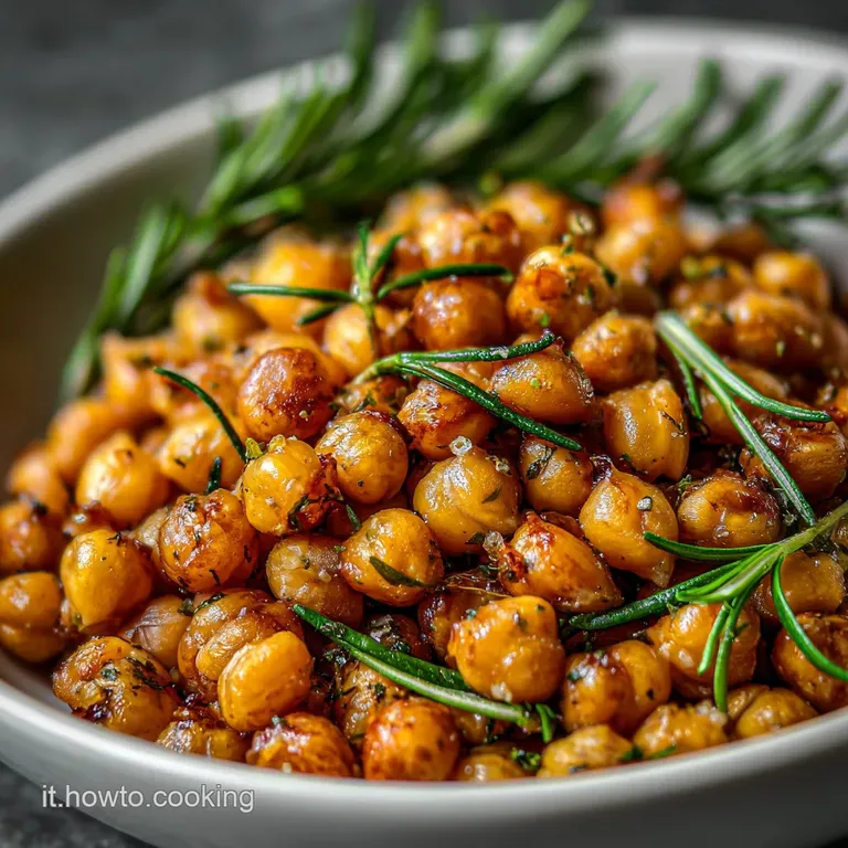 Creamy chickpeas nestled in a shallow bowl, topped with a sprig of rosemary and a drizzle of golden olive oil.