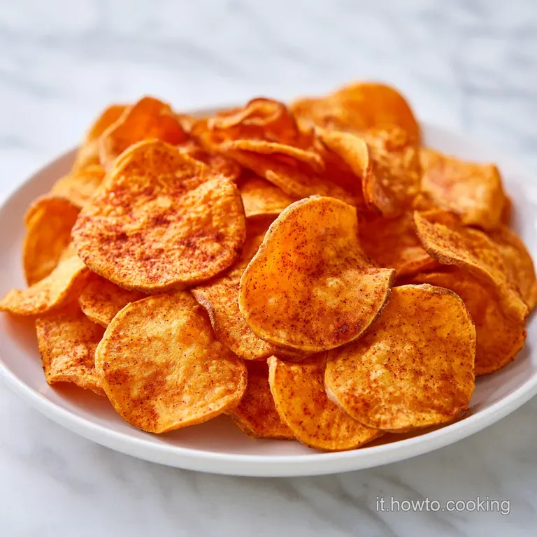 Chips di colore ambra dorata ordinate con cura su un piatto scuro, decorate con un pizzico di sale marino cristallino.