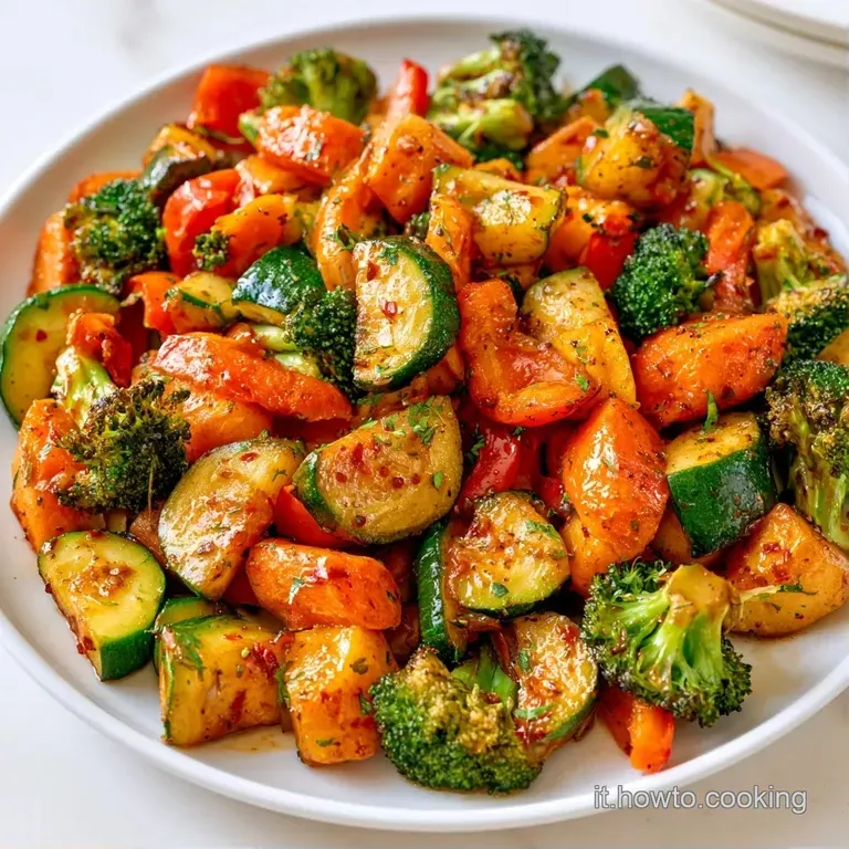 Verdure croccanti e lucide disposte con cura su un piatto di ceramica bianca, guarnite con erbe verdi fresche e sminuzzate.