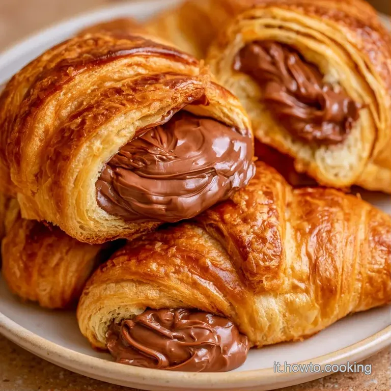 Un piatto di ceramica bianca con dolci sfogliati ambrati, decorati con nocciole tritate e un tocco di zucchero a velo.