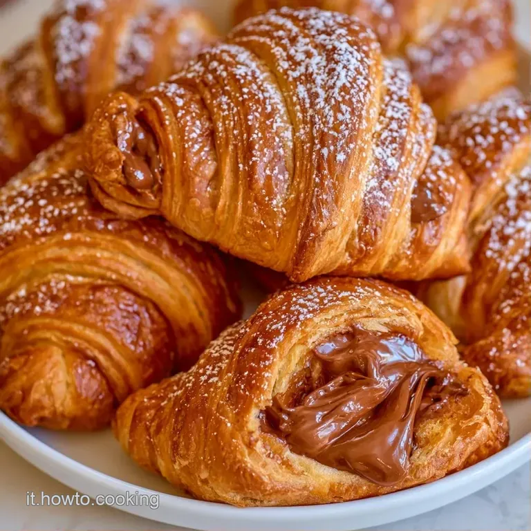 Due croissant dorati su un piatto bianco, spolverati di zucchero a velo bianco su una superficie in legno chiara.