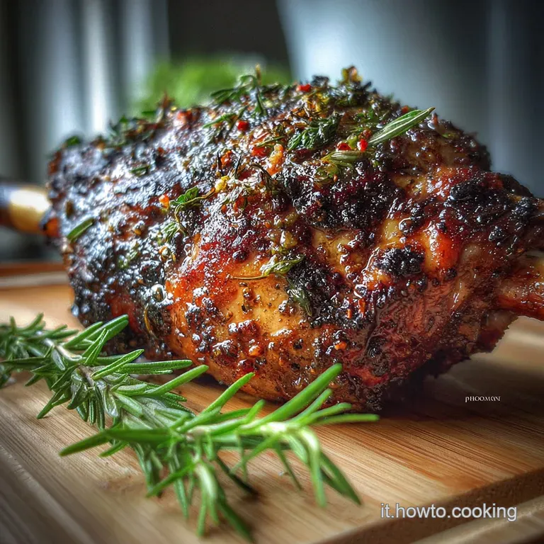 A slice of tender roasted lamb is served beside vibrant vegetables, drizzled with pan juices, garnished with fresh herbs, ...